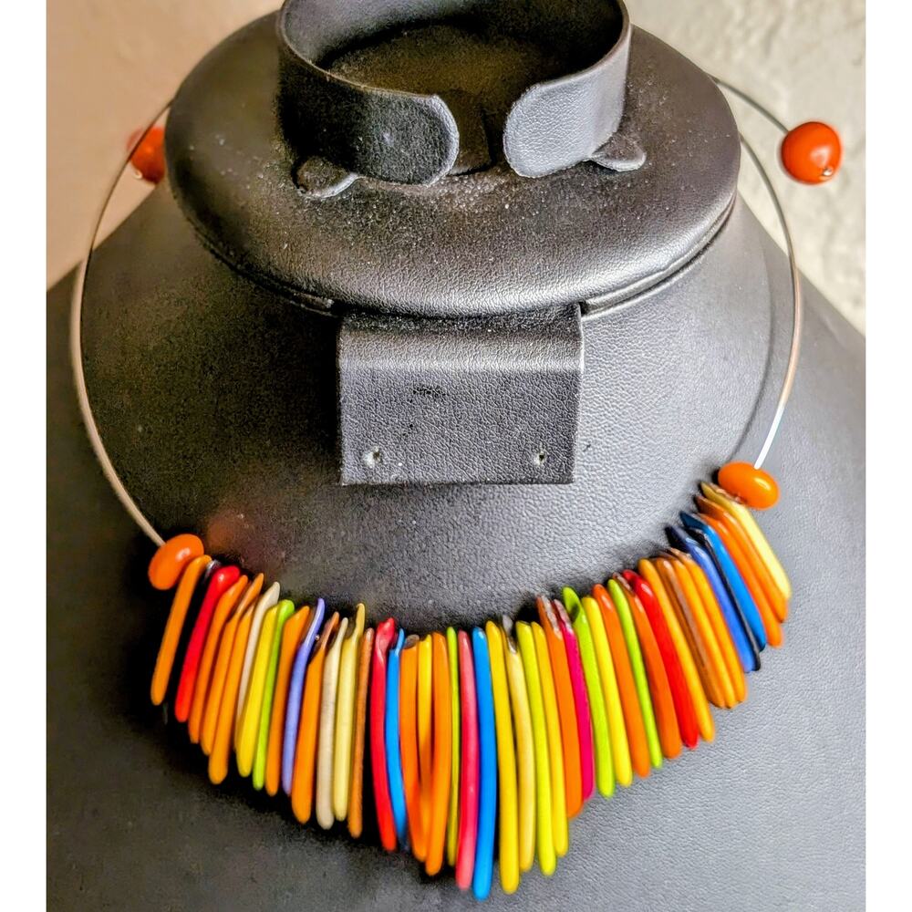 Tagua Multicolor Fringe Handmade Wire Choker Necklace